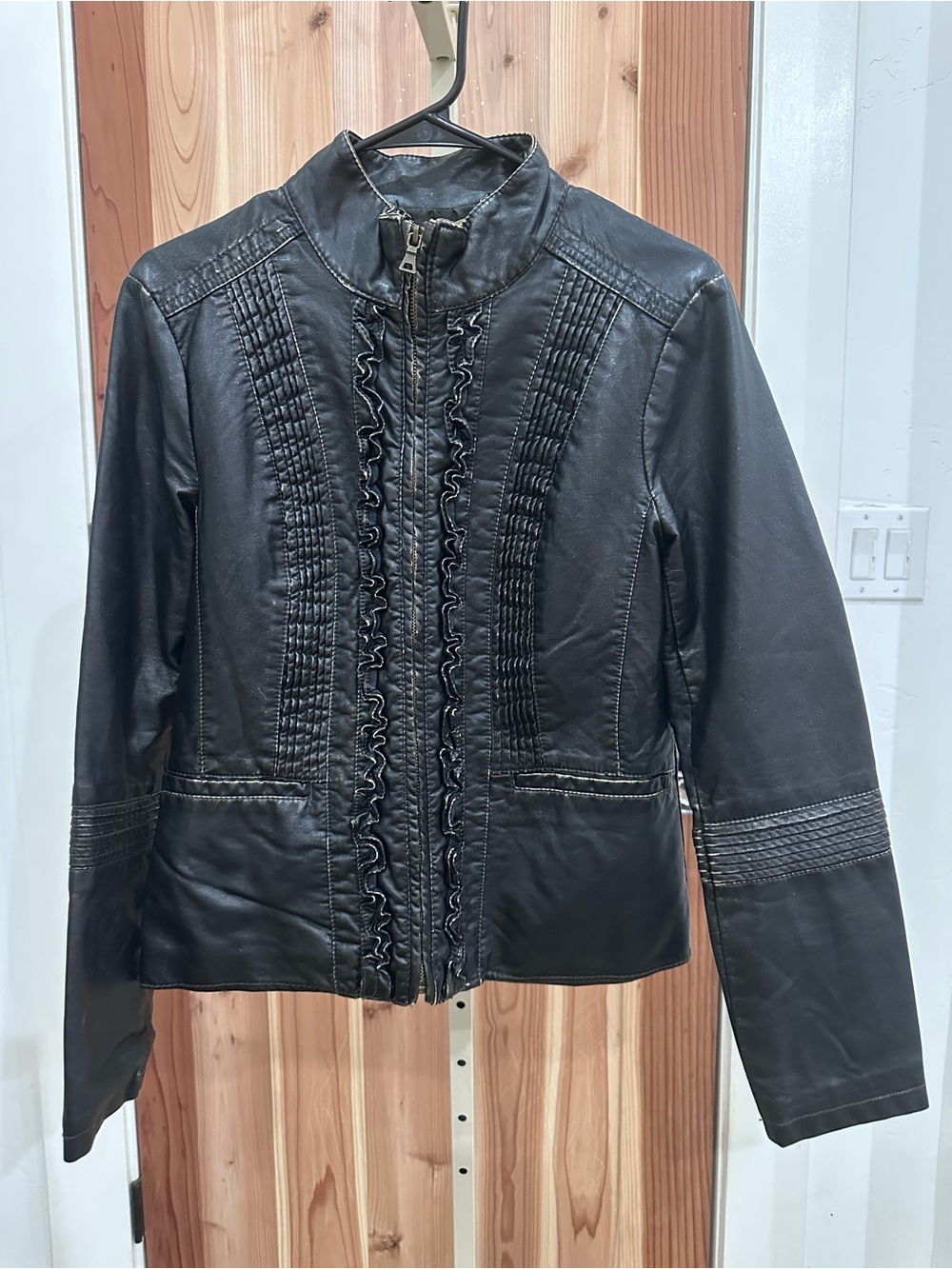 A.N.A Women’s Black Ruffle-Trim Faux Leather Jacket